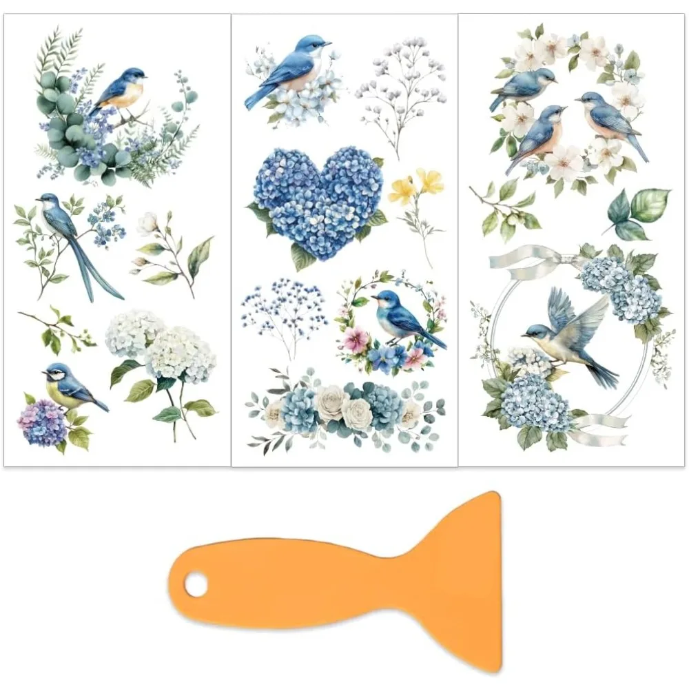 3 Stück/Set blauer Vogel mit Hortensienreiben auf Transfers für Möbel und Kunsthandwerk, 15,2 x 30,5 cm, Naturthema, Möbeltransferaufkleber