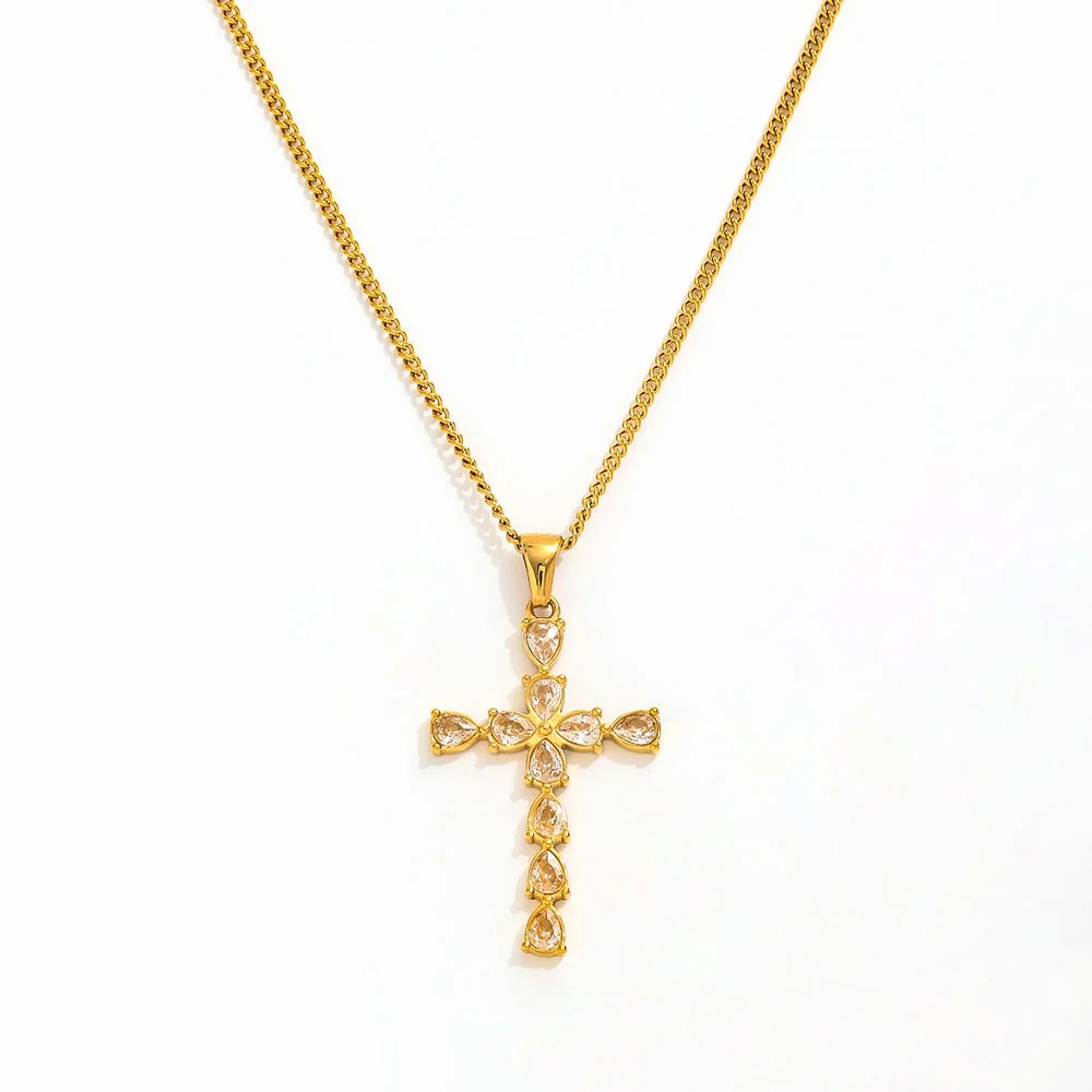 

Joolim Jewelry High End PVD Wholesale Waterproof Fashion Cross Teardrop Zirconia Pendant Stainless Steel Necklace for Women