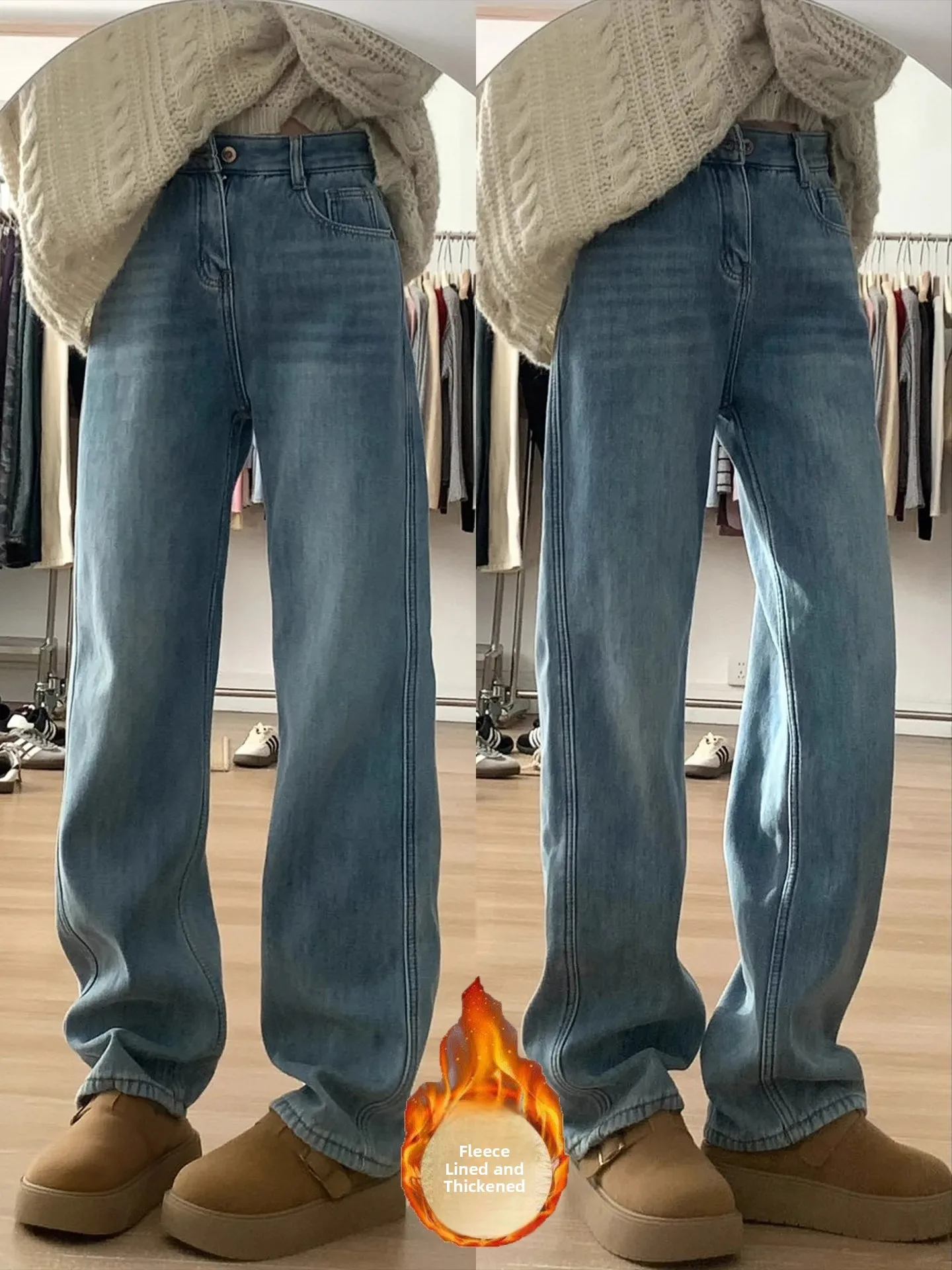 

High Waist Wide Leg Fleece Lined Straight Cut Loose Women's Jeans Retro Style Winter Warm Daily Wear No Stretch