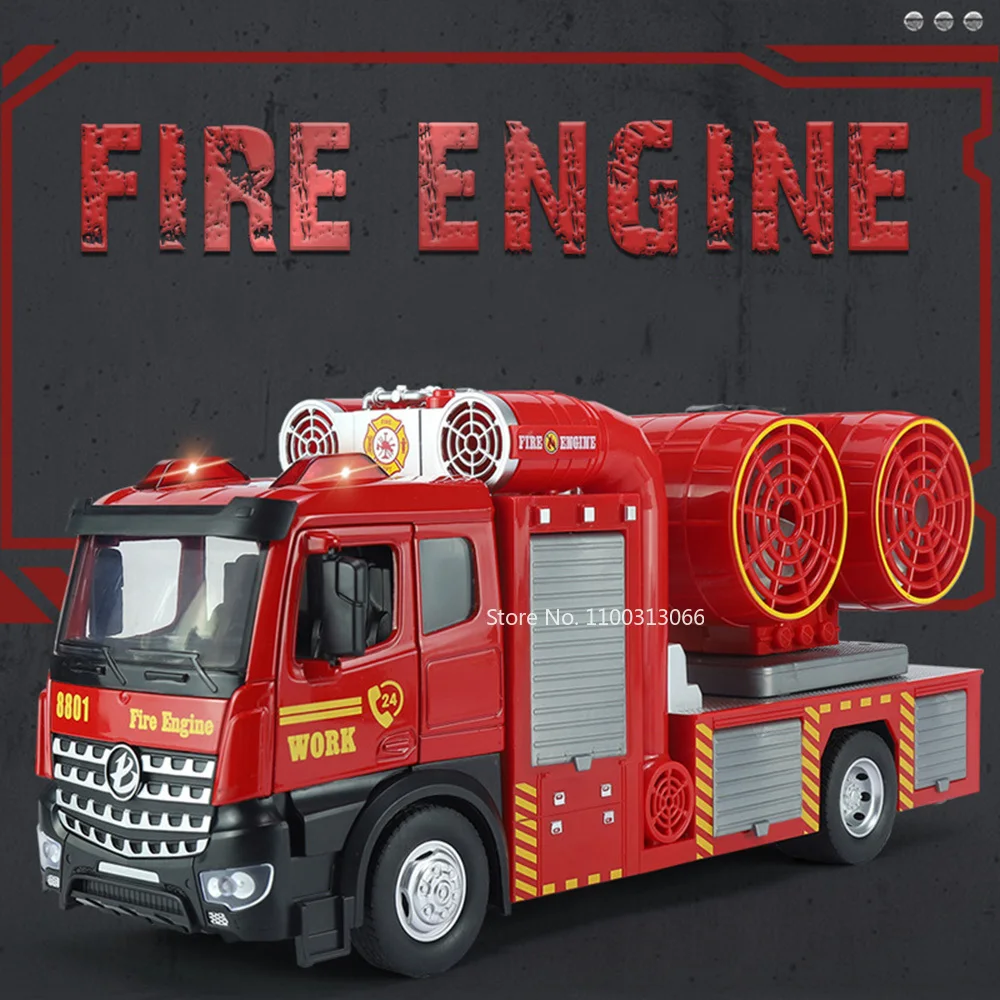 Modelo de motor de bomberos 1:18, camiones de juguete, vehículo de pulverización fundido a presión de Metal, puertas con luz y sonido, coche de ingeniería extraíble abierto para regalo de niño