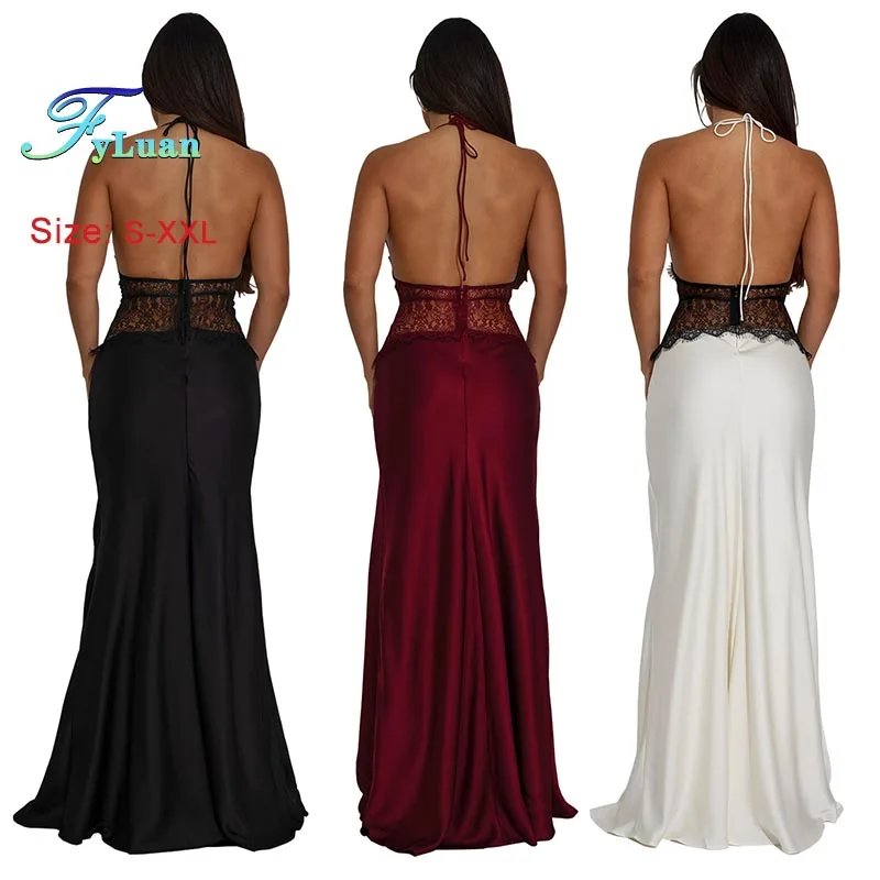 2025 Europa y América vestido de mujer Sexy de encaje con cuello en V profundo vestido largo sin espalda cintura recortada adelgazante vestido sin mangas vestidos de graduación