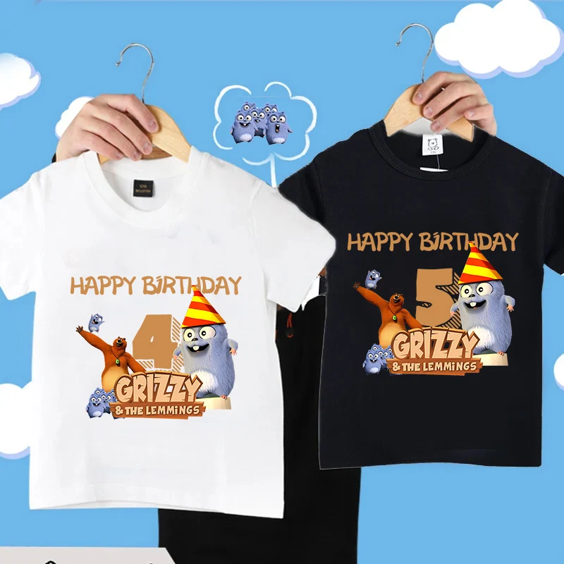 Kawaii Grizzly Lemmings TShirt Clothes Children Happy Birthday Numbers Clothing T-shirts Anime Summer Short Top Clothes Kid Gift