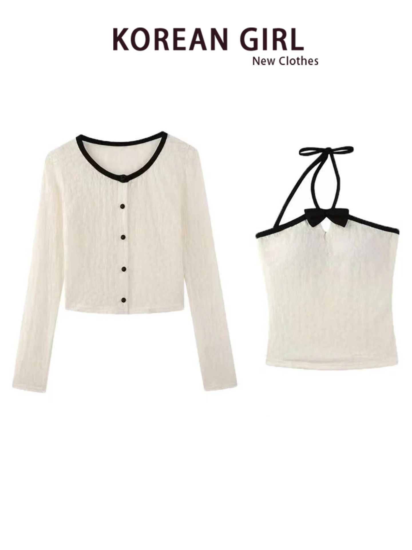 Spicy Girl Lace  Knot Long Sleeve Neck Hanging Strap Cardigan Women's Autumn Gentle Chest Baring Two-Piece Set