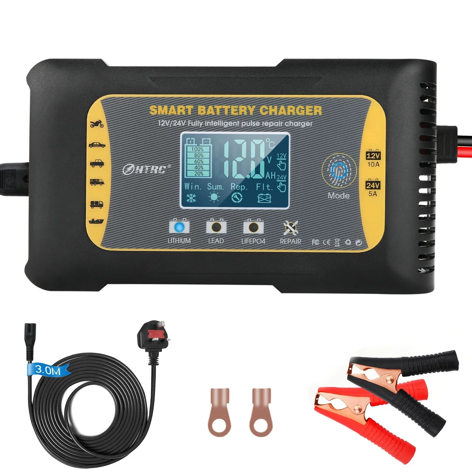 

12 В-24 В 10 А Lifepo4 Автомобильное зарядное устройство 7-ступенчатое импульсное ремонтное автомобильное зарядное устройство для литиевого свинцово-кислотного гелевого аккумулятора AGM НОВОЕ