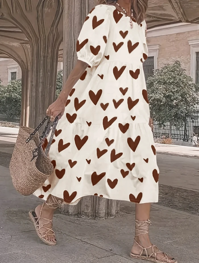 

Round Neck Heart-Shaped Printed Short Sleeved Commuting Dress for Women Elegant Women's Loose Dresses