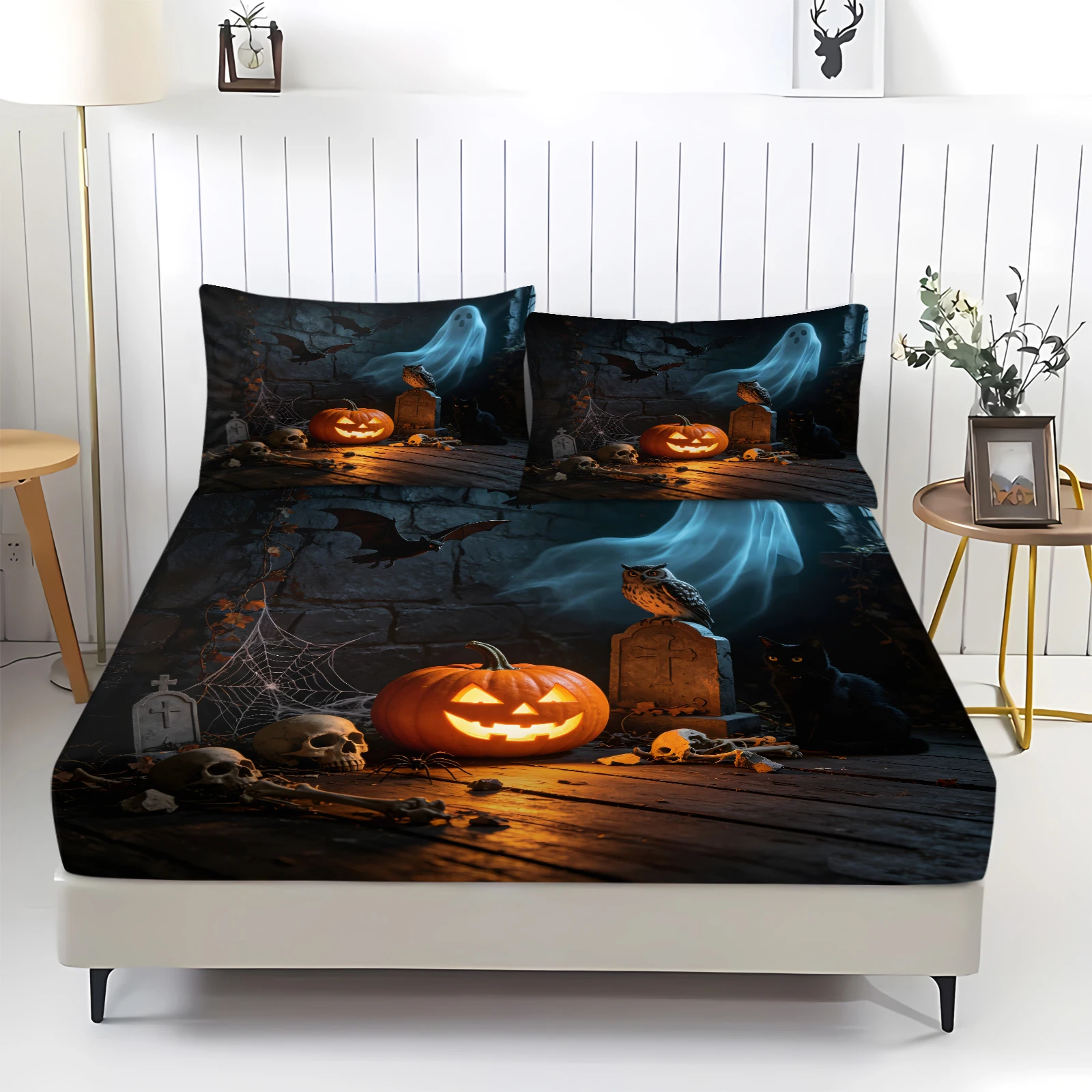 Bed Sheet Microfiber - ハロウィンフィットシーツセット パンプキン ゴースト フクロウ コウモリ スカル柄