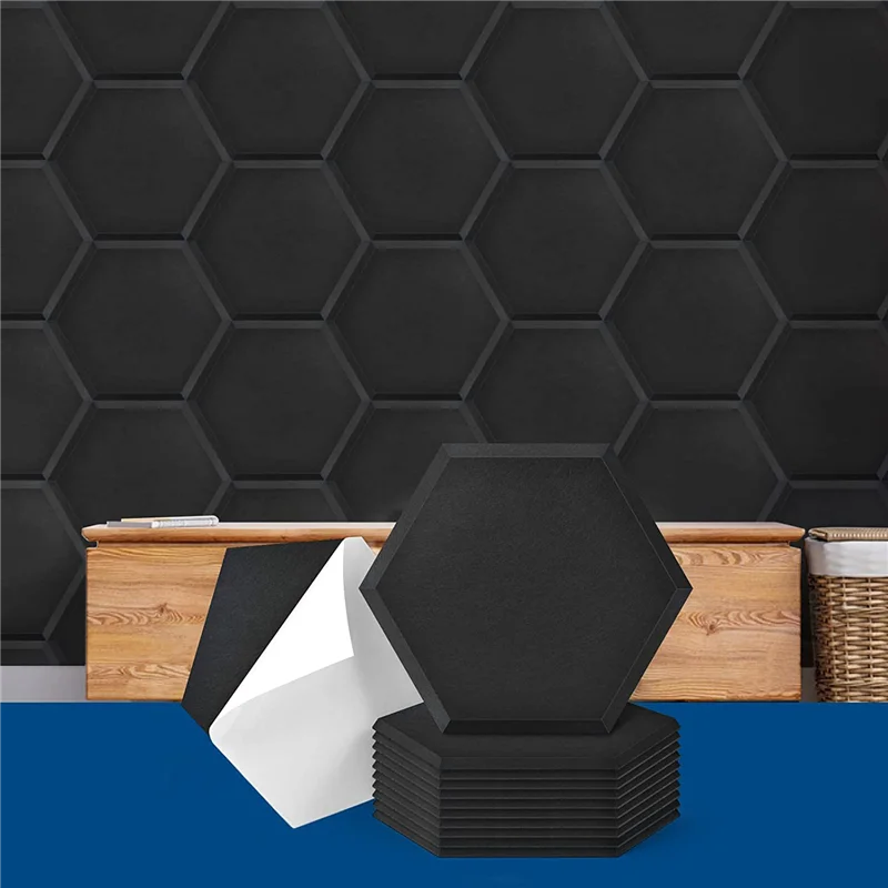 12 Pack Self Adhesive Acoustic Panels, 14 x 12 x 0.4inch Soundproof Panels, Hexagon Sound Absorbing Panels black