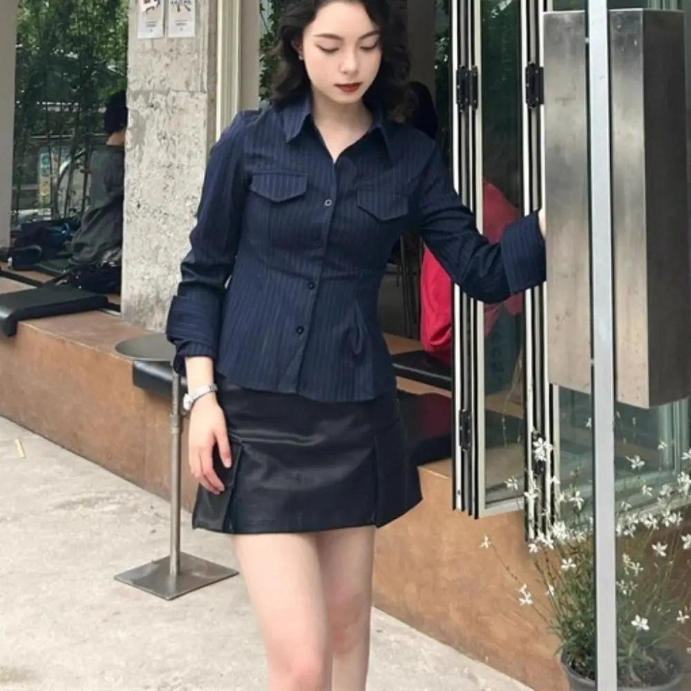 

Sweet Strip Pleated Shirt Top Thin Casual Long Sleeve Blouse Sun Protection Spring Summer Autumn Button Shirt for Women Girl