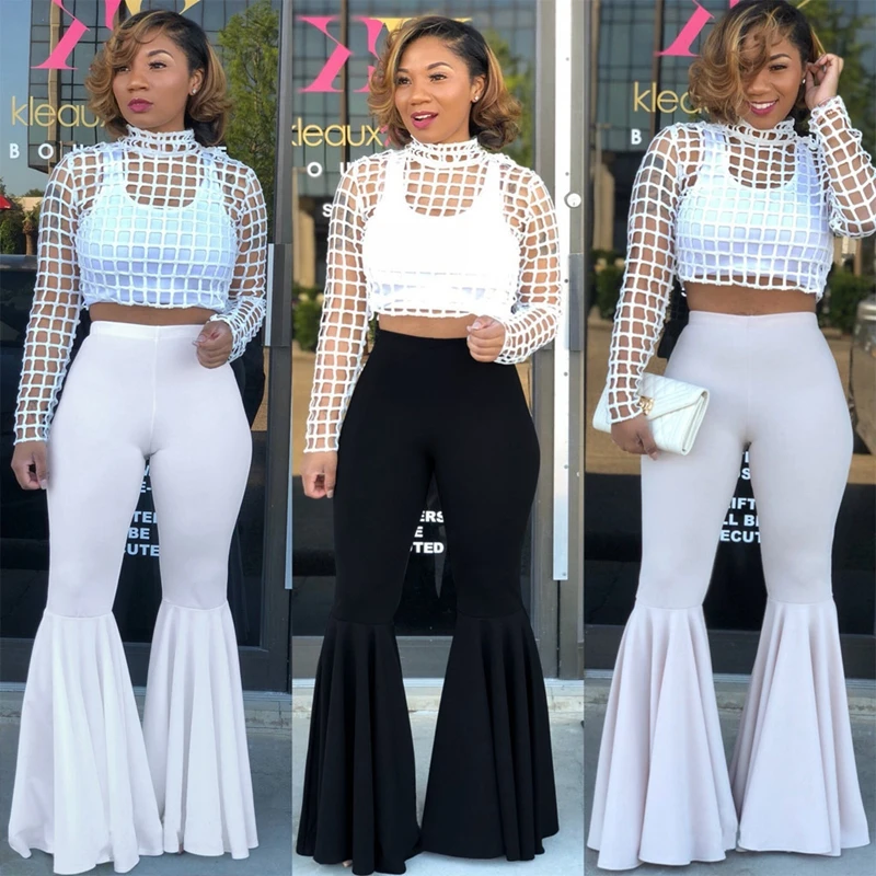 Fashion High Waist Flare Pants Women Wide Leg Trousers Streetwear Neon Loose Casual Ruffle Pants White Bell Bottom Pants 5XL