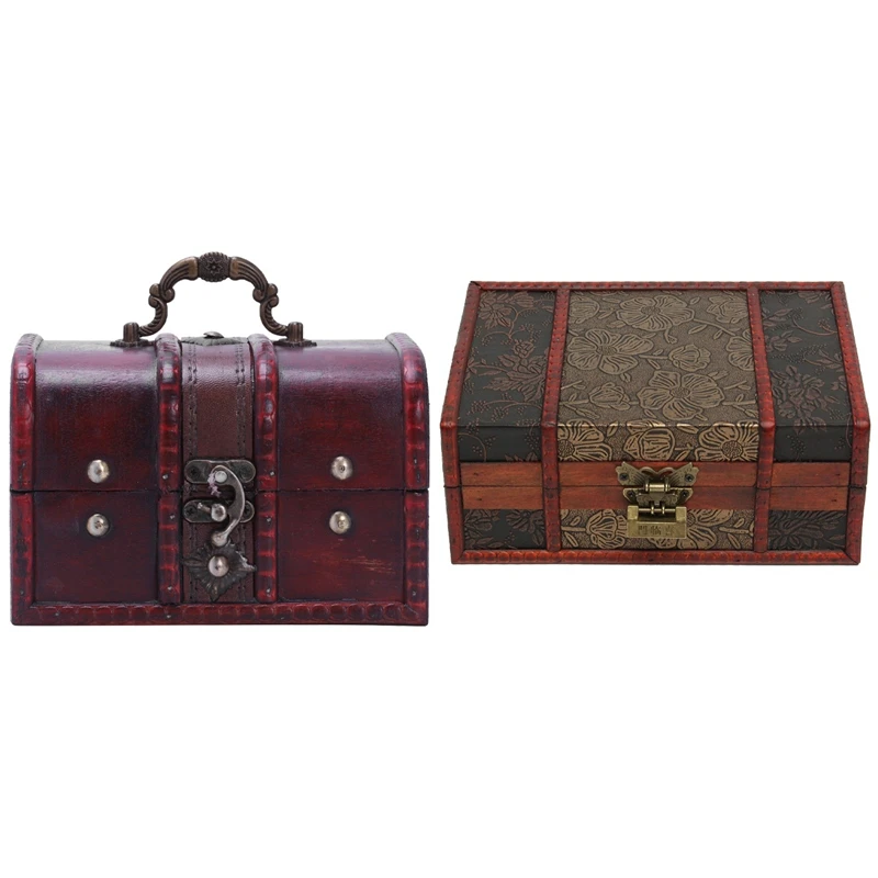 

2 Pcs Multi Vintage Jewelry Necklace Bracelet Box Wooden Storage Gift Box, Red & Wine Red