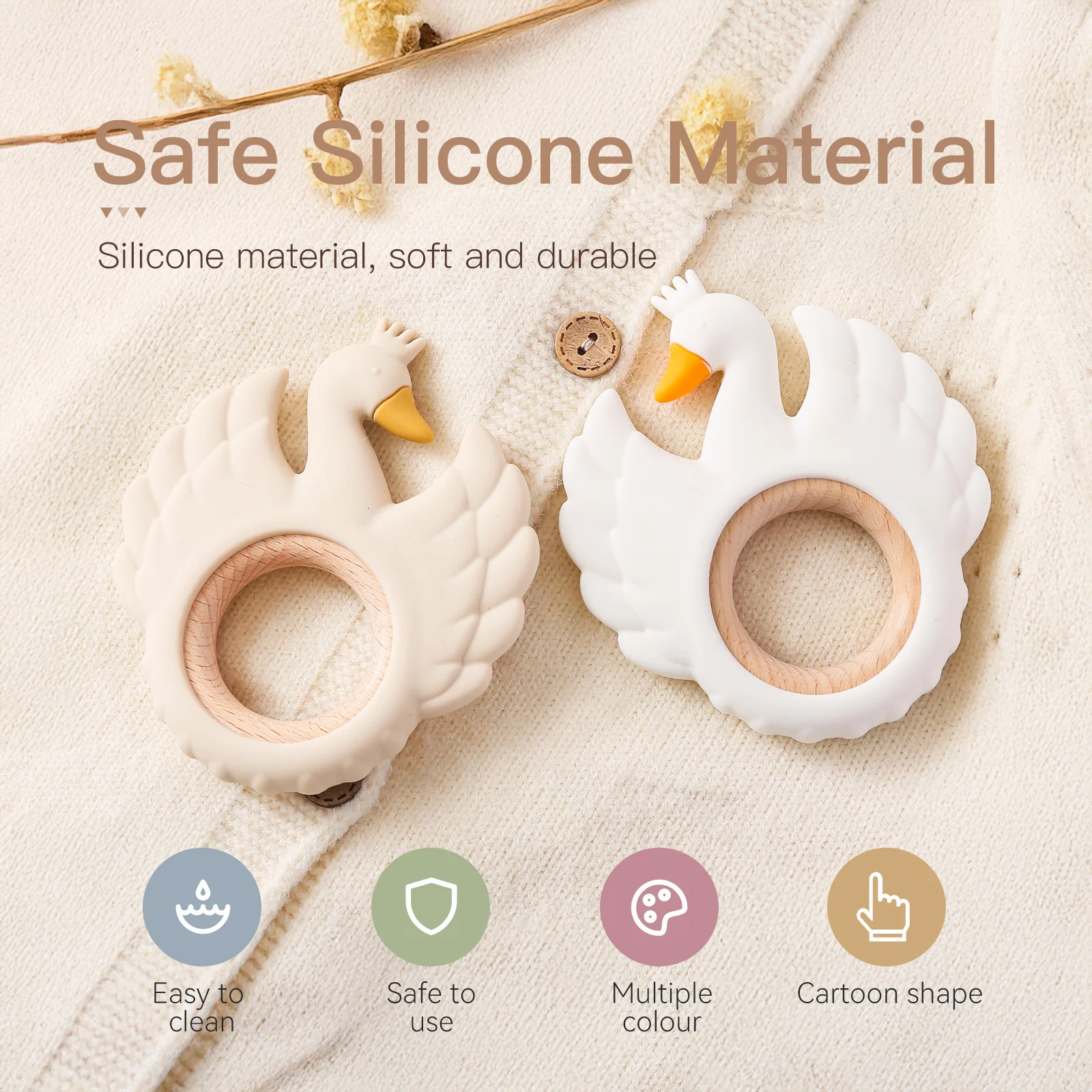 Mordedor de silicona de grado alimenticio para bebés de 0 a 12 juguetes, anillos de dentición de cisne, juguetes sensoriales para niños pequeños, juguetes de dentición Montessori de silicona, 1 ud.