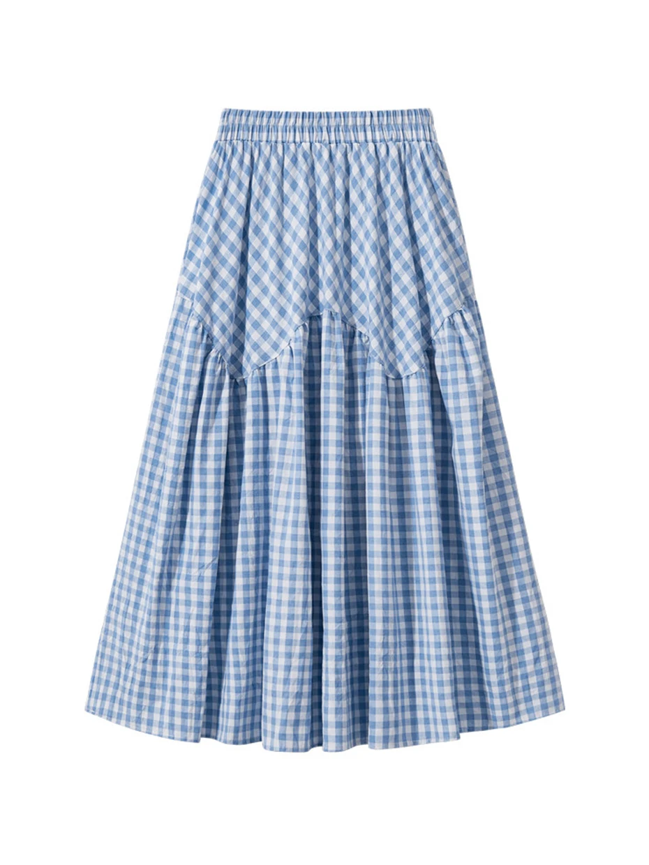 

Summer 2026 New Plaid A-Line Midi Skirt Women's Long Fairy Skirt Asymmetrical Pleated Skirt Drapey High Waist Polyester Fiber