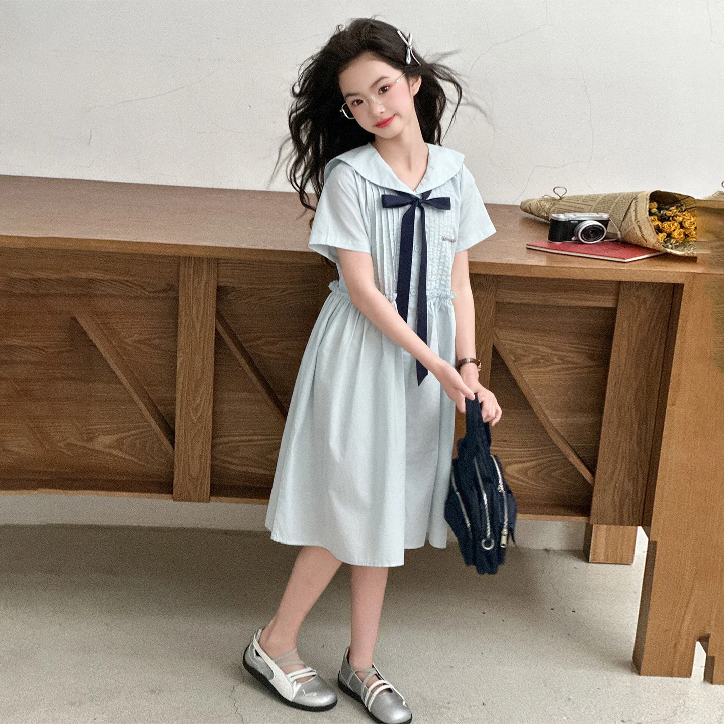 2026 Summer Dresses White kid baby party mesh princess Girls Mid Long JK bow sailor collar teens dress 4 6 8 to 10 12 14 Years
