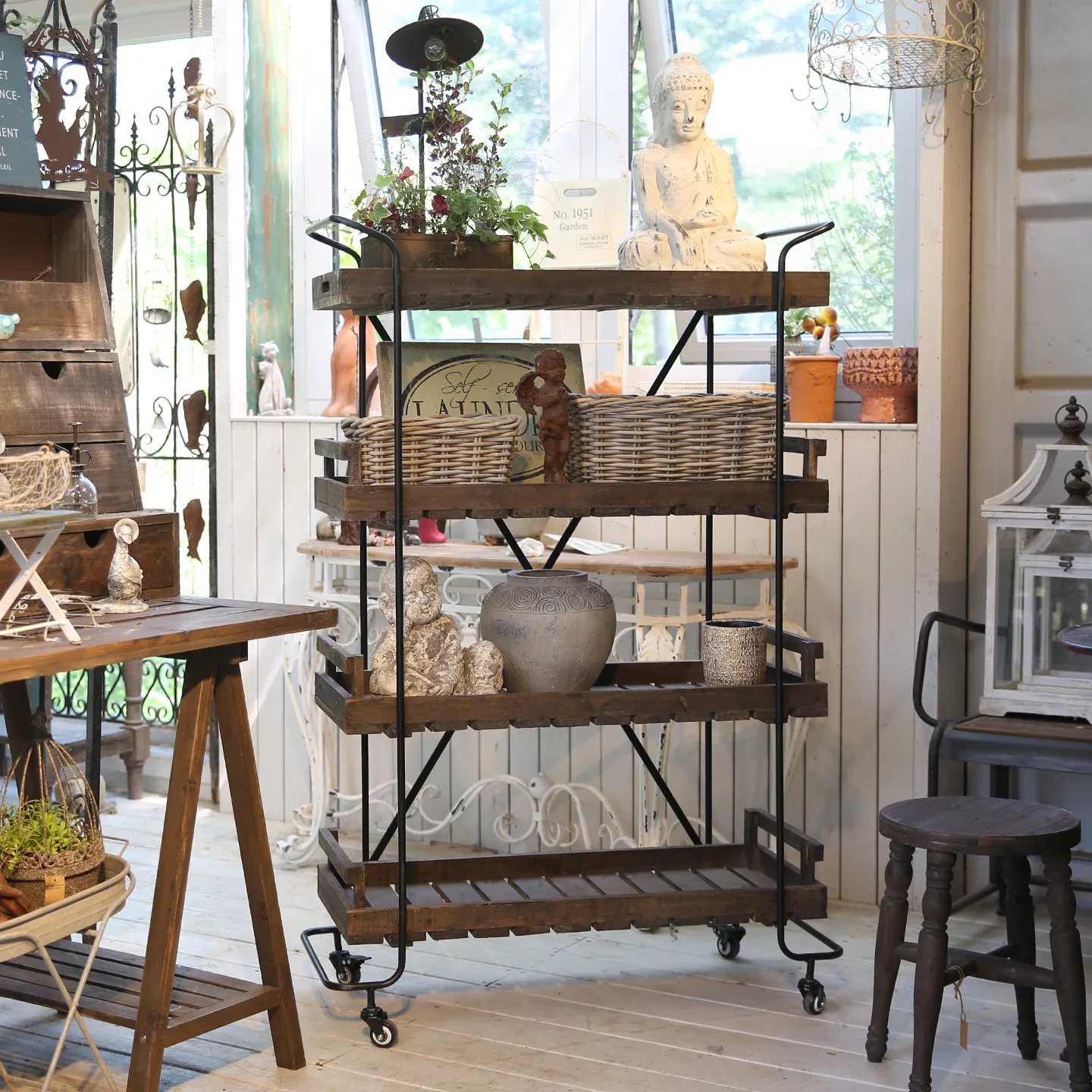 Vintage Solid Wood Rolling Display Cart, 3-Tier Rustic Storage Shelf with Wheels, Farmhouse Plant Stand
