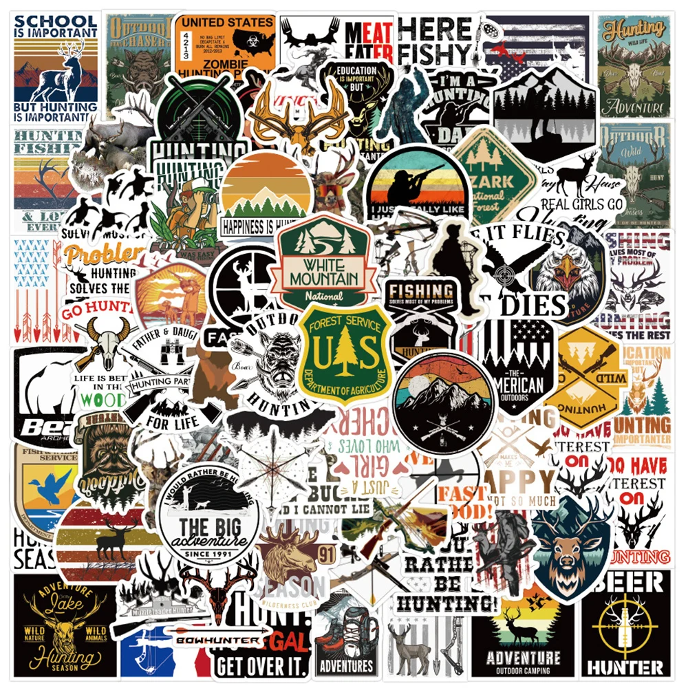 10/50/100PCS Wild Hunting Stickers Outdoors Hunter Decals Waterproof Graffiti Skateboard Motorcycle Luggage Cool Sticker Packs