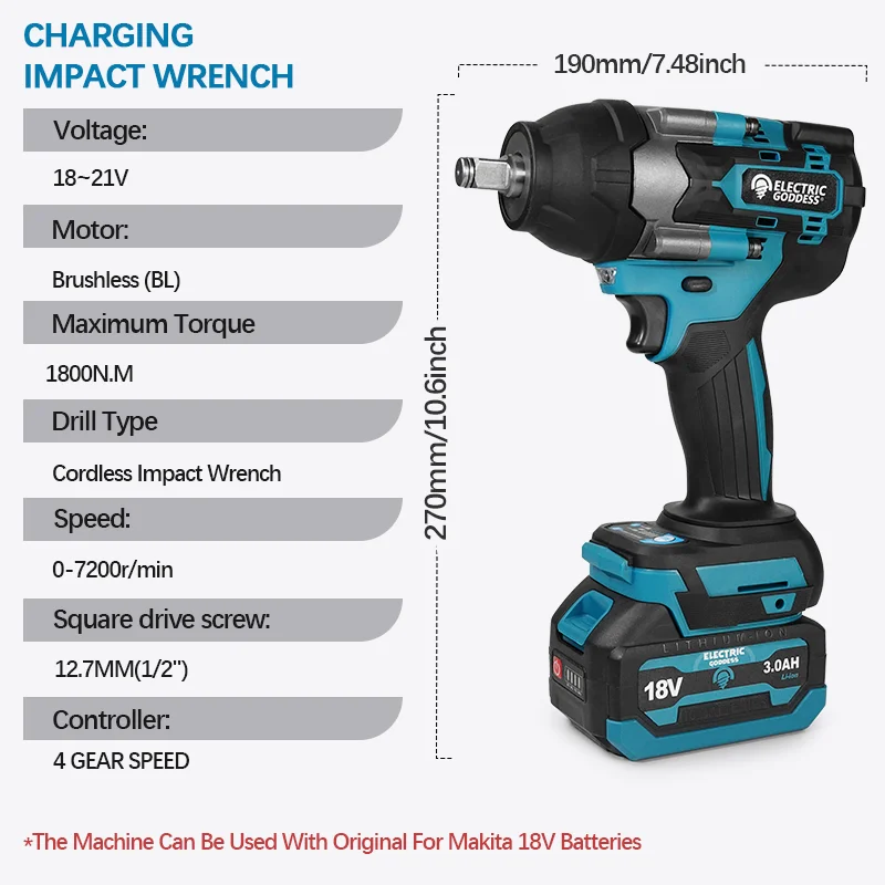 1800N.m Brushless Electric Impact Wrench 4 Gears 1/2'' Screwdriver Car Repair Power Tool For Makita 18V Battery Pin