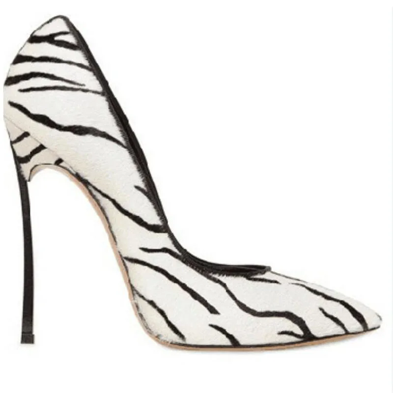 

Black White Zebra Horsehair Blade Heels Pumps Woman 12cm Metal Stiletto High Heels Purple Silk Shallow Cut Slip On Party Shoes