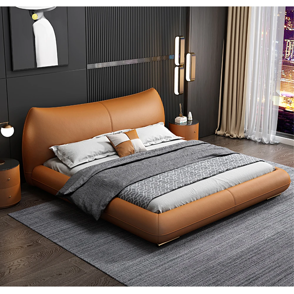 Linlamlim Genuine Leather Bed Double Size Rectangle Bed Frame Nordic King/Queen Size Wedding Lits Designer Upholstered Camas