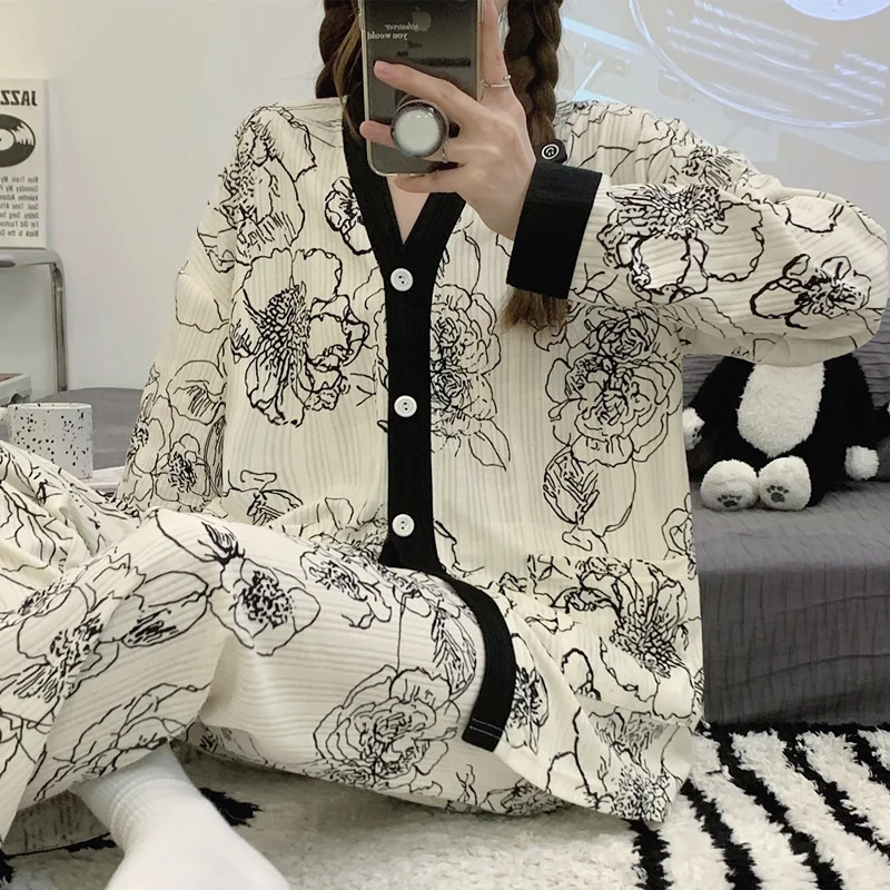 

Spring Autumn Women's Thin Cotton Imitation Pajamas V-neck Long Sleeve Cardigan Pants Cartoon Loose Casual Home Clothing Set