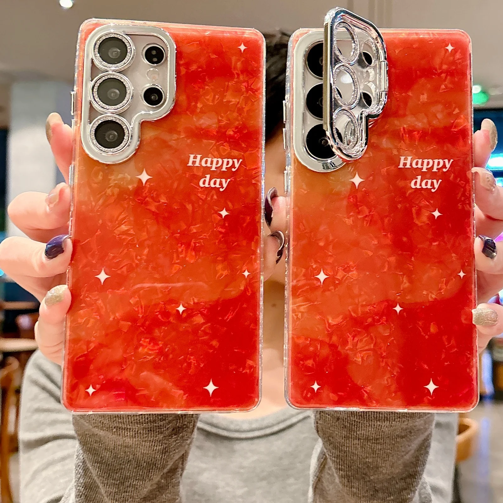 

Для Samsung Galaxy S25 Ultra Luxury Shell Pattern Чехол Для Samsung S24 Ultra S23Ultra Складной держатель для камеры Блестящий чехол для телефона