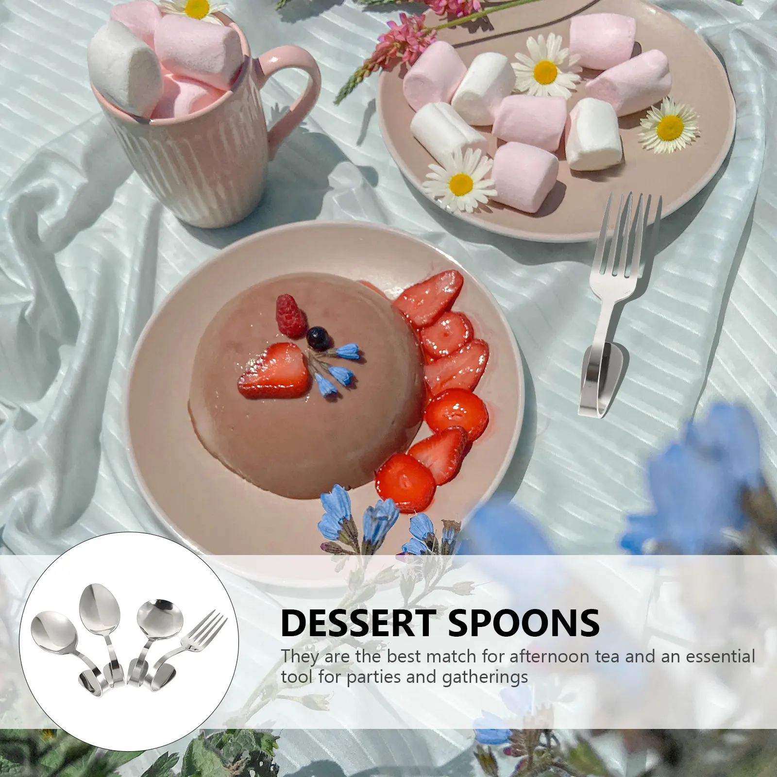 

4Pcs Vintage Bent Handle Dessert Spoons Integrated Molding Comfortable Grip Practical Kitchen Spoons Silver