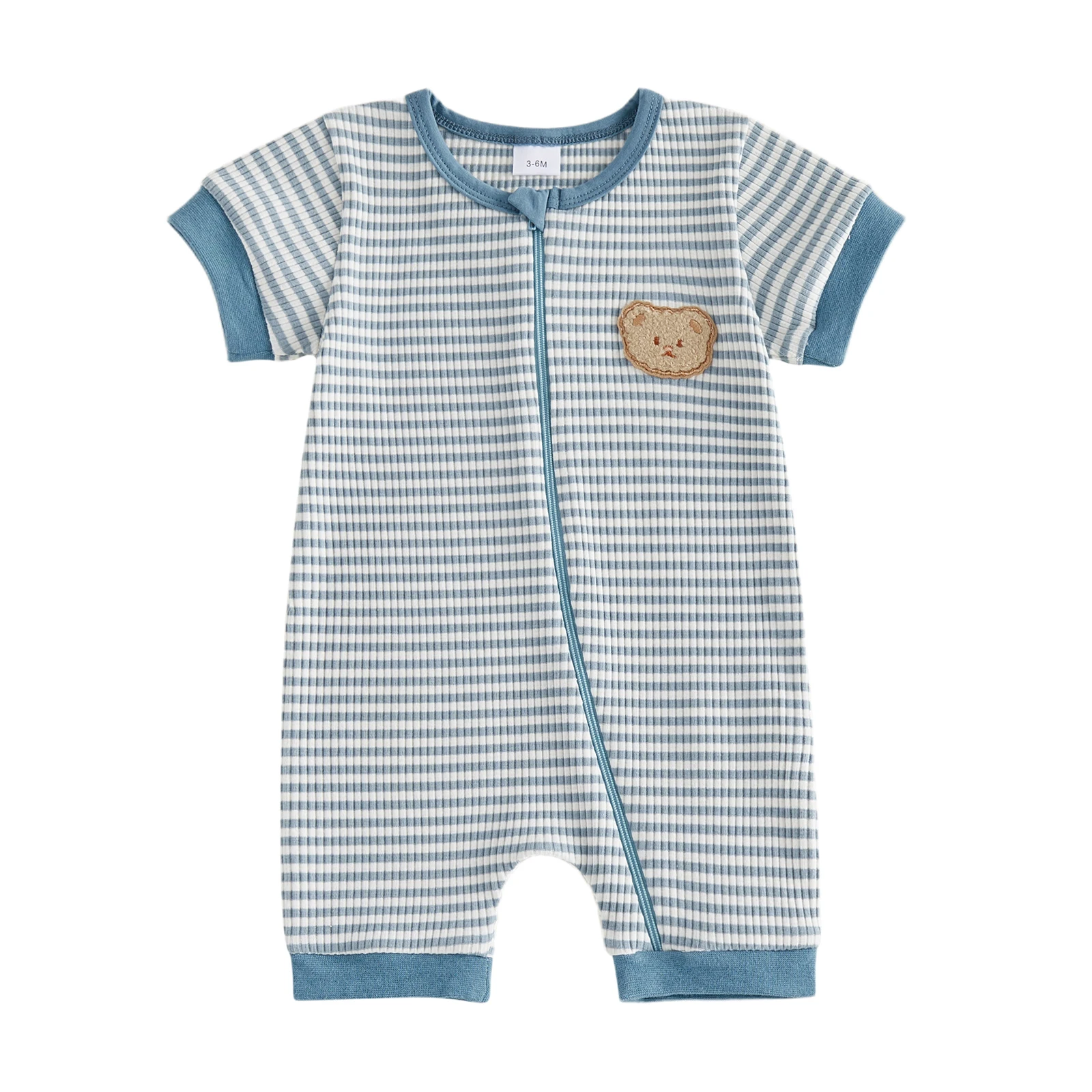 

Baby Boys Rompers Stripe Print Bear Embroidery Crew Neck Short Sleeve Infant Bodysuits Jumpsuits