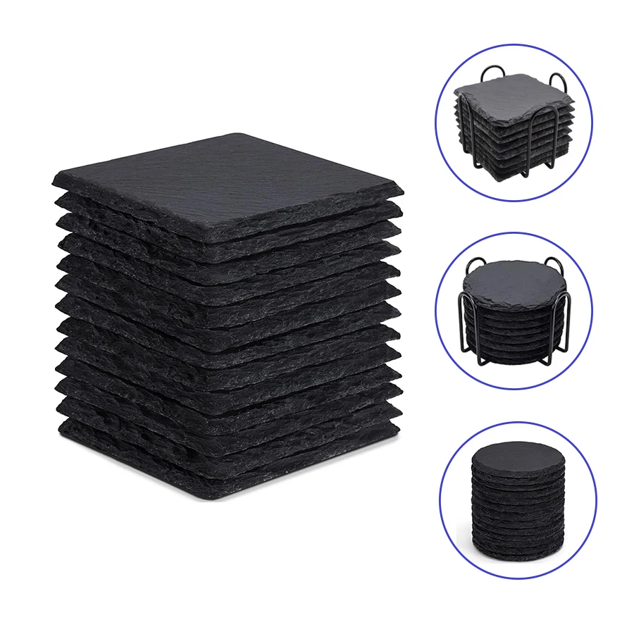 【セール中】天然スレートコースター、スレートドリンクコースター、スクエアドリンクコースター、ラウンドブラックストーンコースター、家庭用、カフェ装飾用。