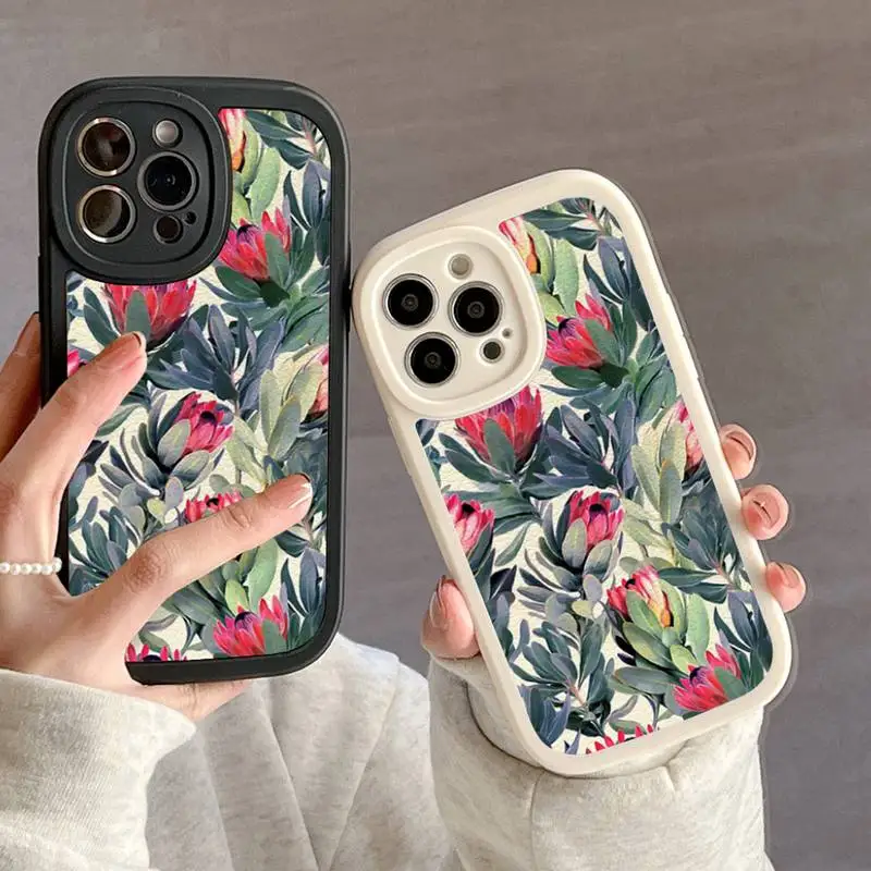 Painted Protea Pattern Phone Case For IPhone 11 12 13 14 15 Plus Pro Max PU Leather Silicon Soft Cover