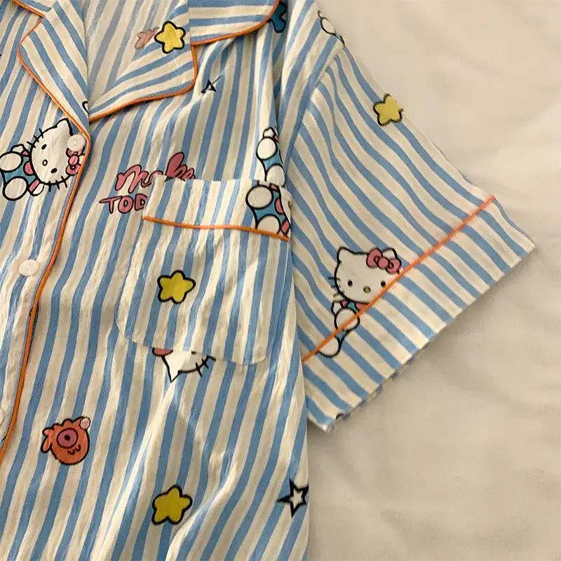 New Kawaii Anime Sanrio Hellokitty Pajamas Summer Striped Pure Cotton Short Sleeved Three Piece Set Leisure Wear Gift For Girls