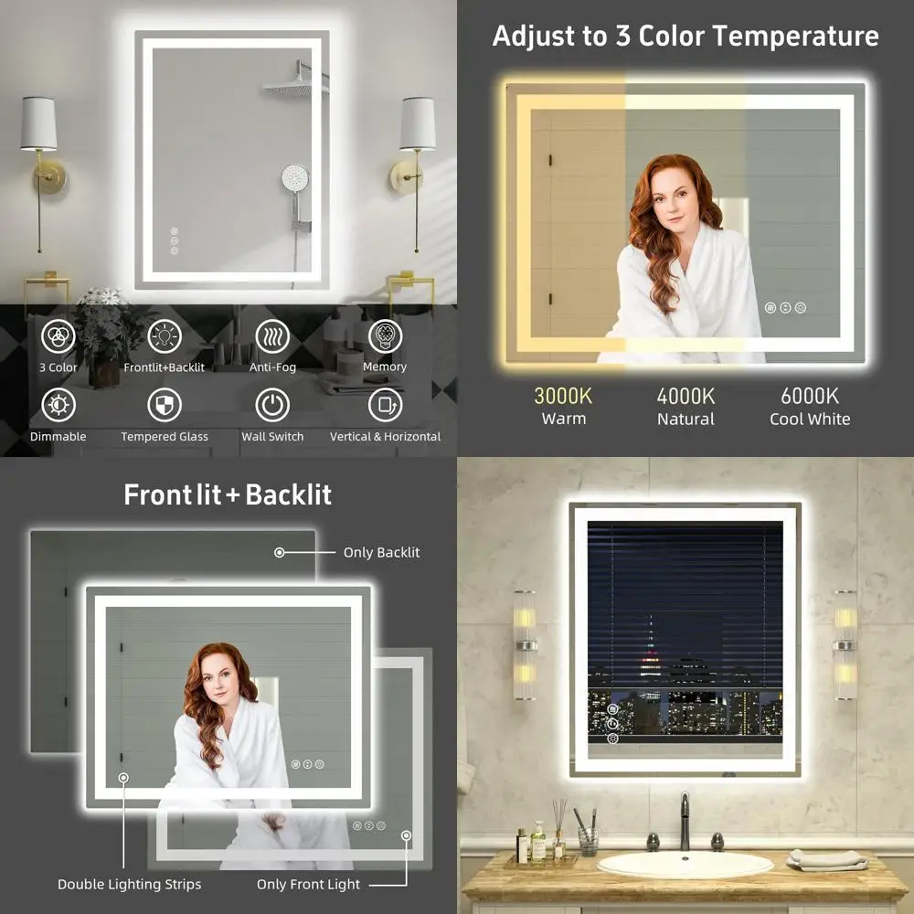 

Зеркало для ванной комнаты со светодиодной подсветкой, 36x30, туалетный столик с умной регулировкой яркости, противотуманным покрытием, подсветкой и передней подсветкой, небьющаяся память для стены M