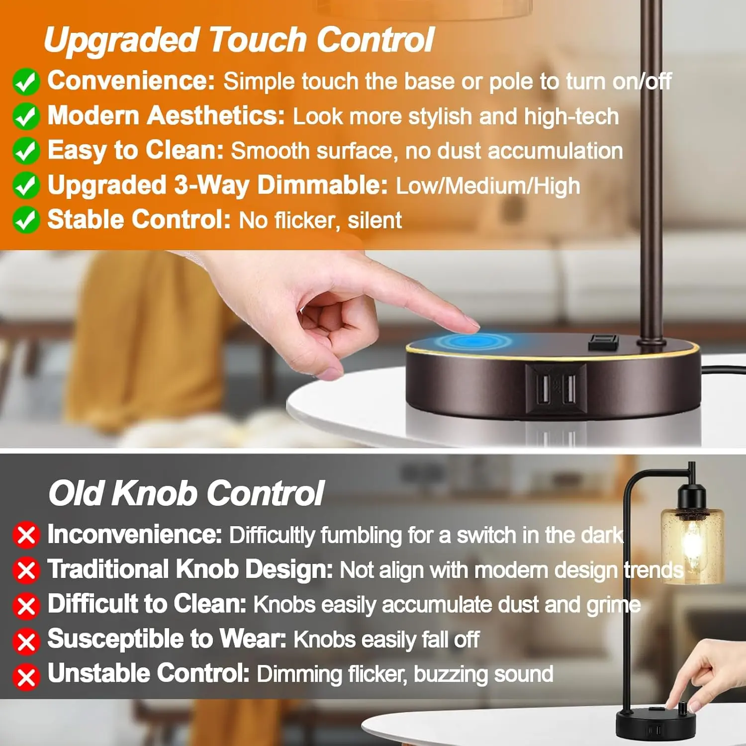 مجموعة مصابيح طاولة صناعية تعمل باللمس مكونة من قطعتين - مصابيح بجانب السرير مع منفذي USB ومخرج تيار متردد، #3