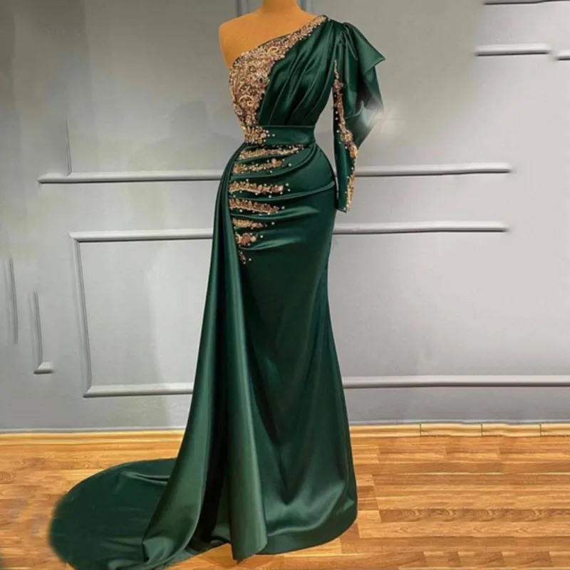 

BridalAffair Chic Mermaid PromDress One Shoulder Beaded Lace Long Sleeves Green Satin Arabic Muslim Formal Party Dresses