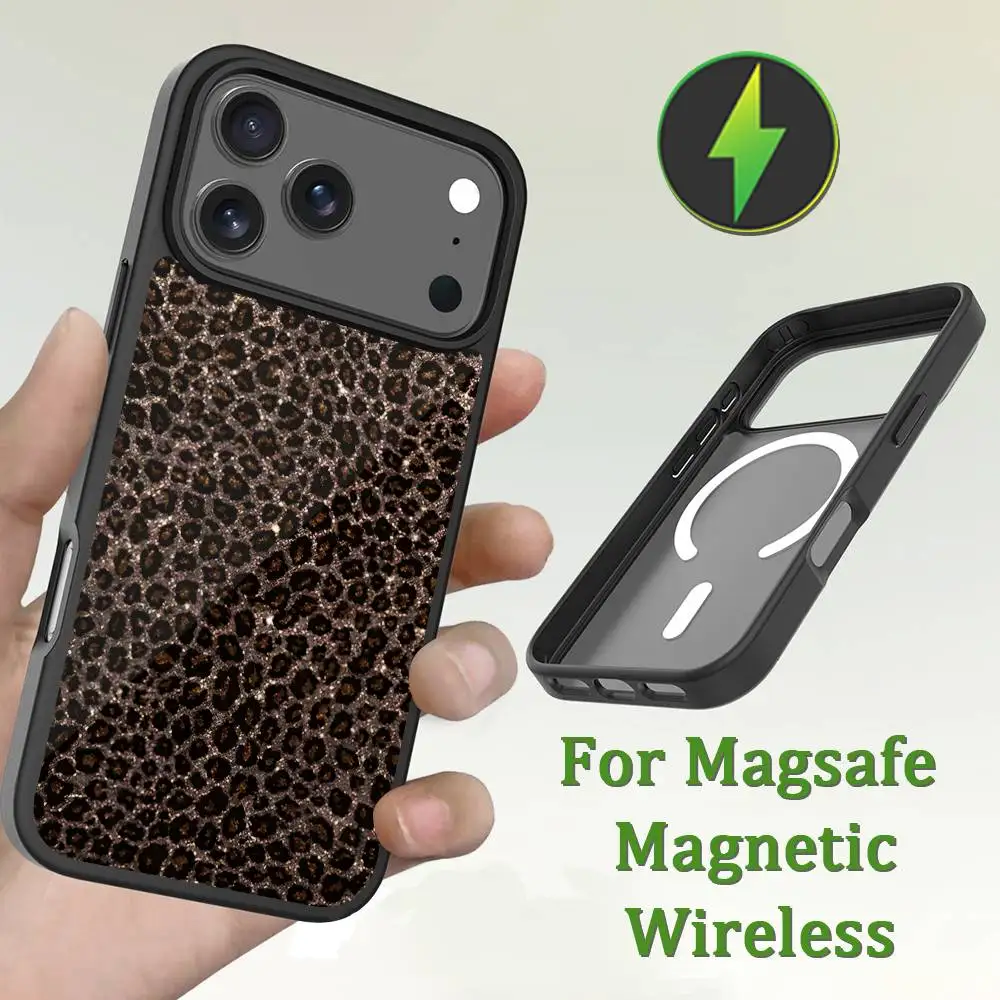 Funda de teléfono con estampado de leopardo para iPhone 13,12,11,16,15,17,14,Pro,Max,Plus,Mini,Magsafe, carga inalámbrica magnética