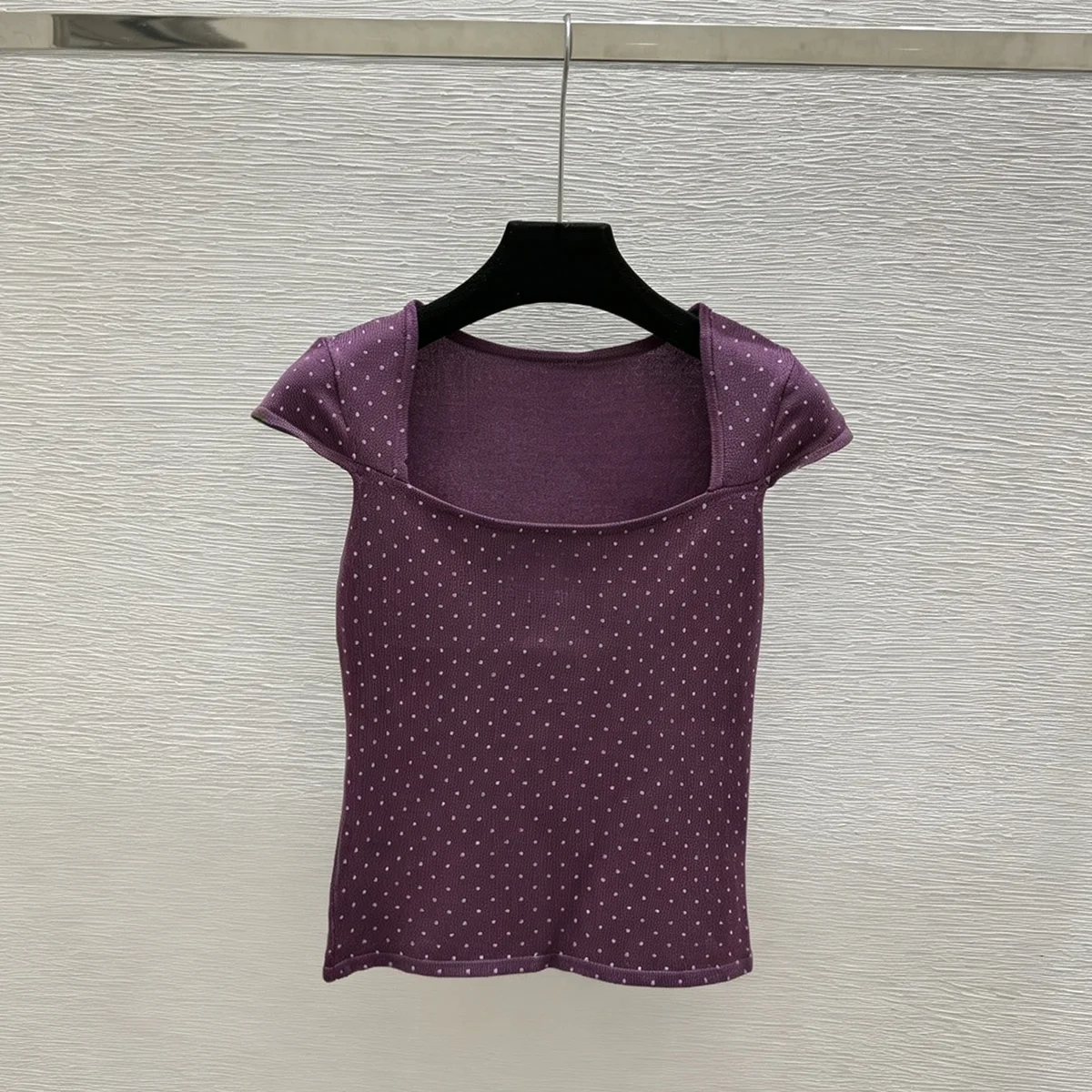 2026 High quality Women Square Neck Cap Sleeve Polka Dot Ribbed Knit Top Slim Fit Cropped Short Sleeve Blouse lyt2671392