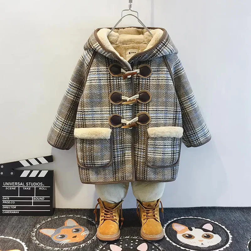 Children\'s Jacket Woolen Coat for Boy Baby Girls Snowsuit Kids Hooded Velvet Insulated Clothes Mid-Length Plaid Windbreaker