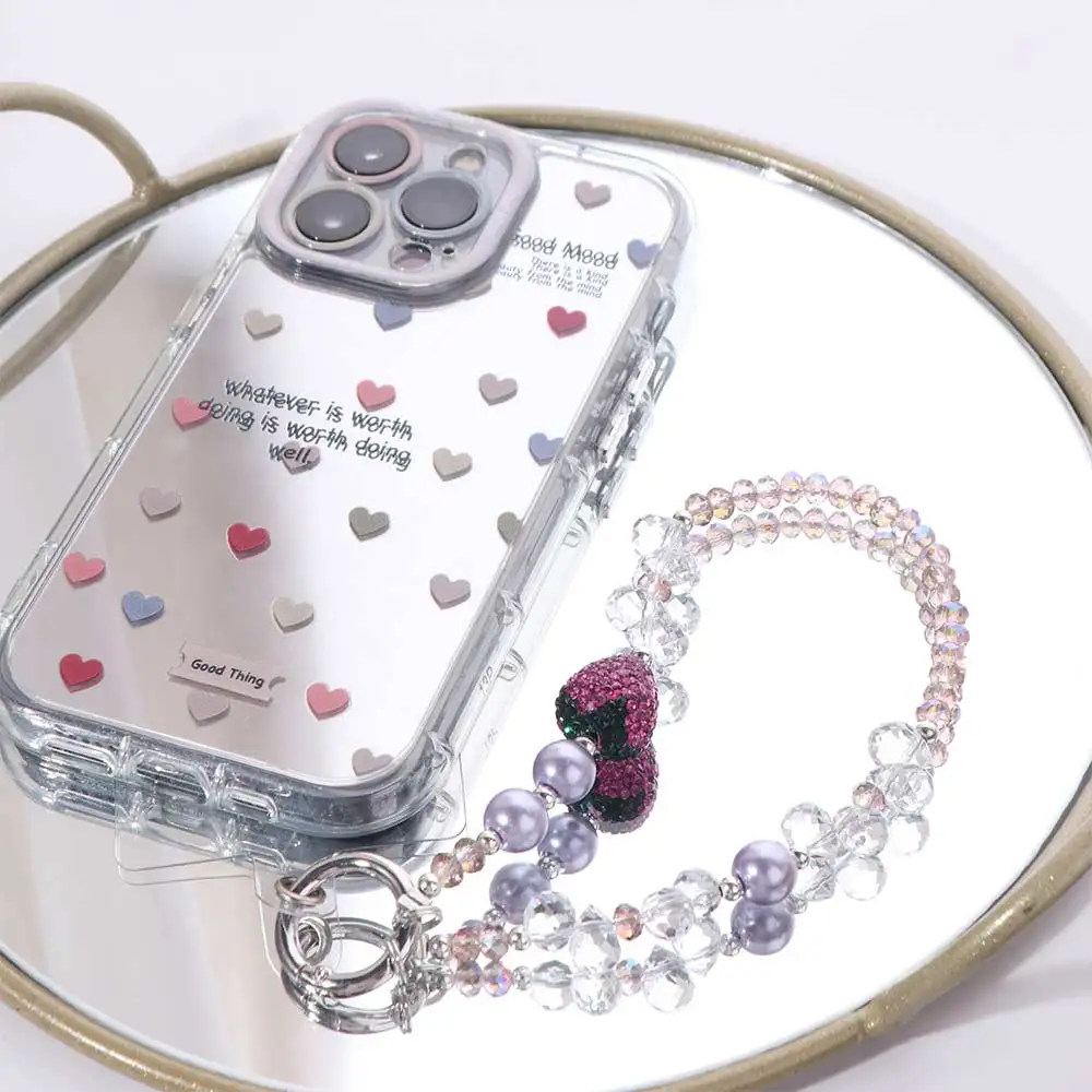 

With Clip Strawberry Crystal Pendant Short Beaded Bling Strawberry Phone Chain Jewelry Light Luxury Style