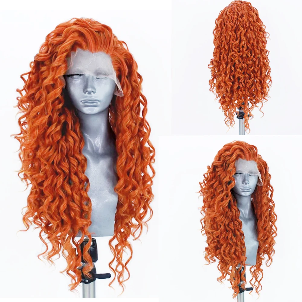 Rongduoyi peruca laranja sintética, peruca frontal de renda para mulheres, cabelo encaracolado, fibra resistente ao calor, parte livre, linha fina natural, perucas cosplay