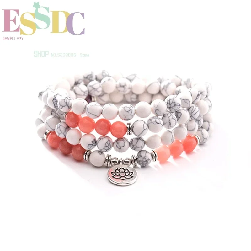 New Design Natural Howlite Beads  Buddhist 108 Mala  Lotus Pendant Chakra Bracelet Energy Stone Yoga Necklace