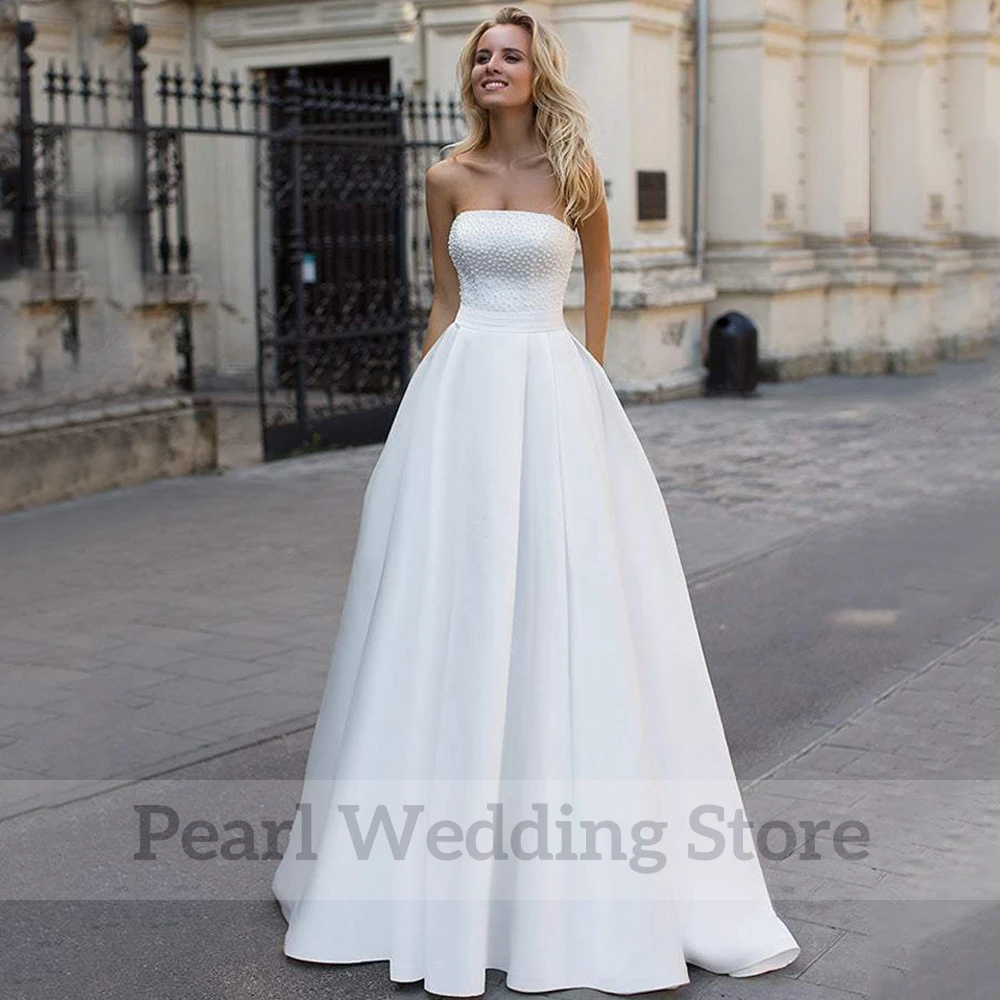 Elegante vestido de novia sin tirantes con cinturón, línea A clásica, hasta el suelo, espalda abierta, cordones, vestidos de novia hechos a medida