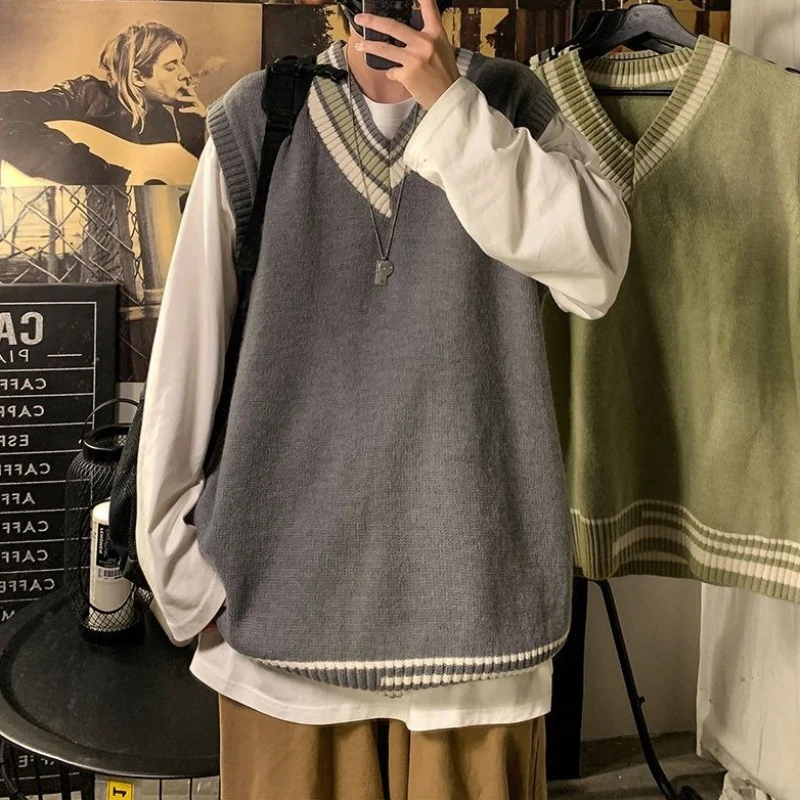 Pull à col en v pour hommes, gilet en tricot sans manches, léger, fin, coupe ample, élégant, couleur bloquée, vêtements d'extérieur Preppy, printemps automne