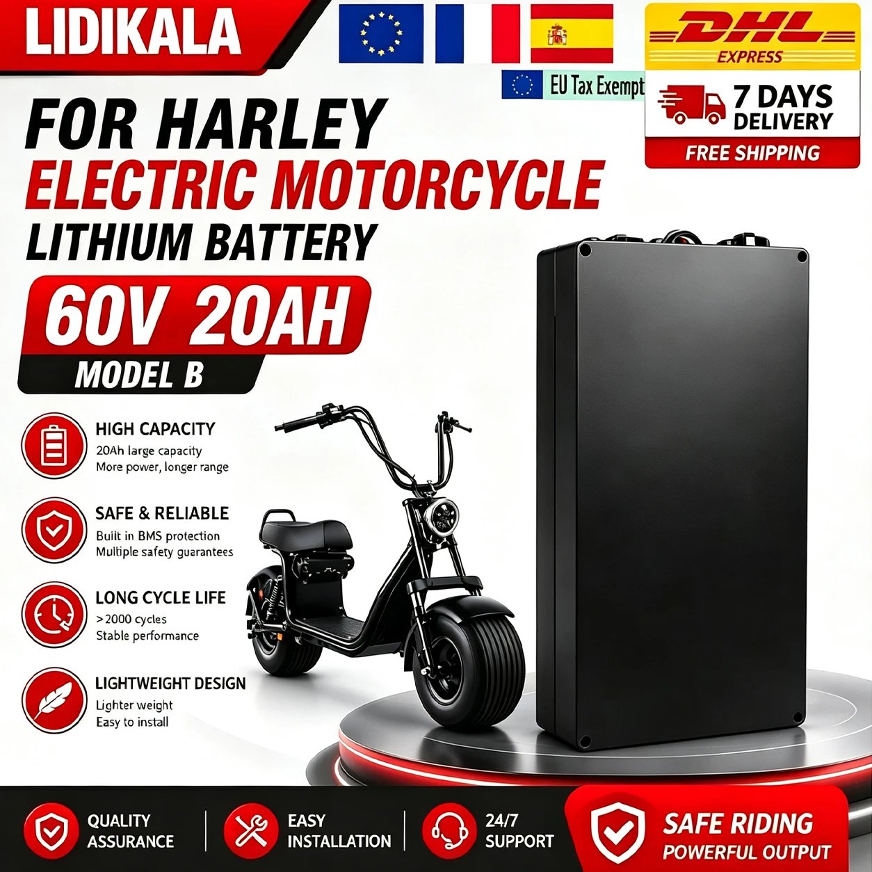 Batterie au lithium haute performance 60V 20Ah pour moto électrique pliable à deux roues de 2000W, style Harley Citycoco, avec chargeur complet offert.