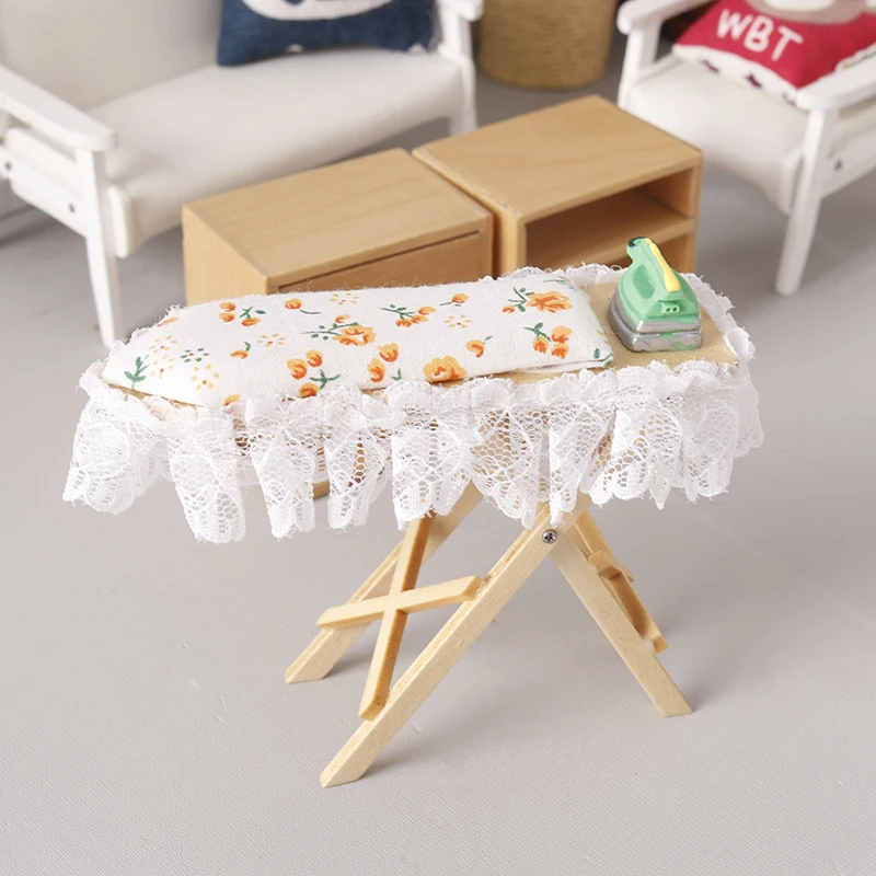 1pc Dollhouse Miniature Wooden Ironing Board Mini Flat Iron Furniture Model Sewing Life Scene Decor Toy Micro Scene Props