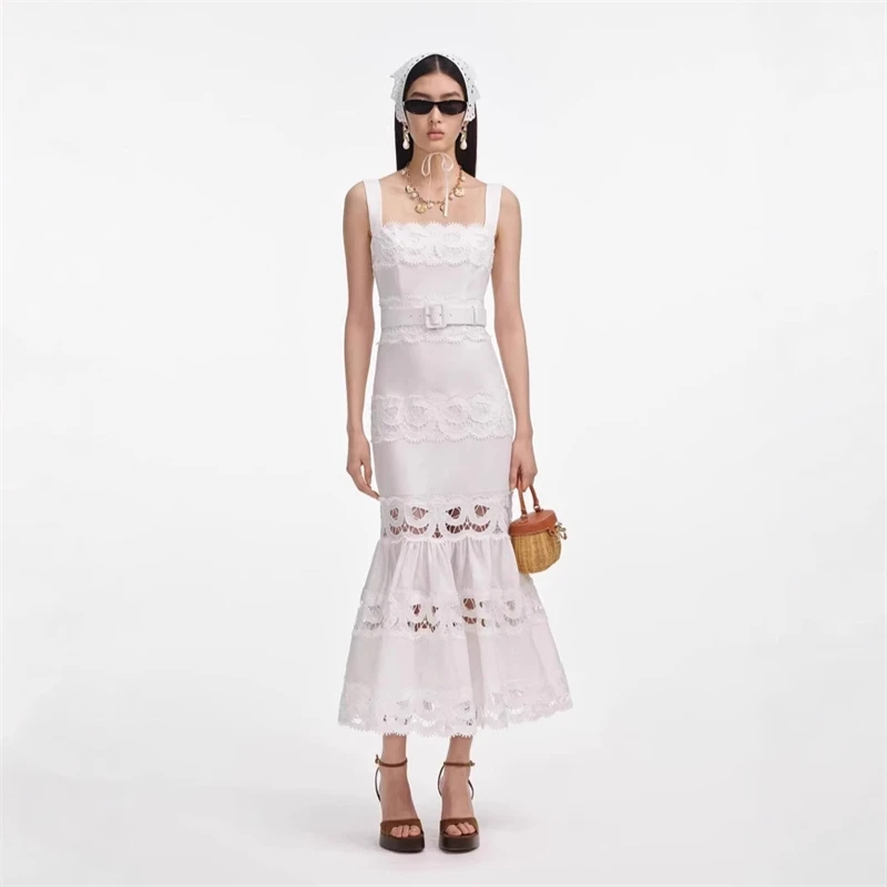 

Solid Hollow Out Elegant Dresses For Women Square Neck Sleeveless Patchwork Lace Dress Female Fashion Clothing New