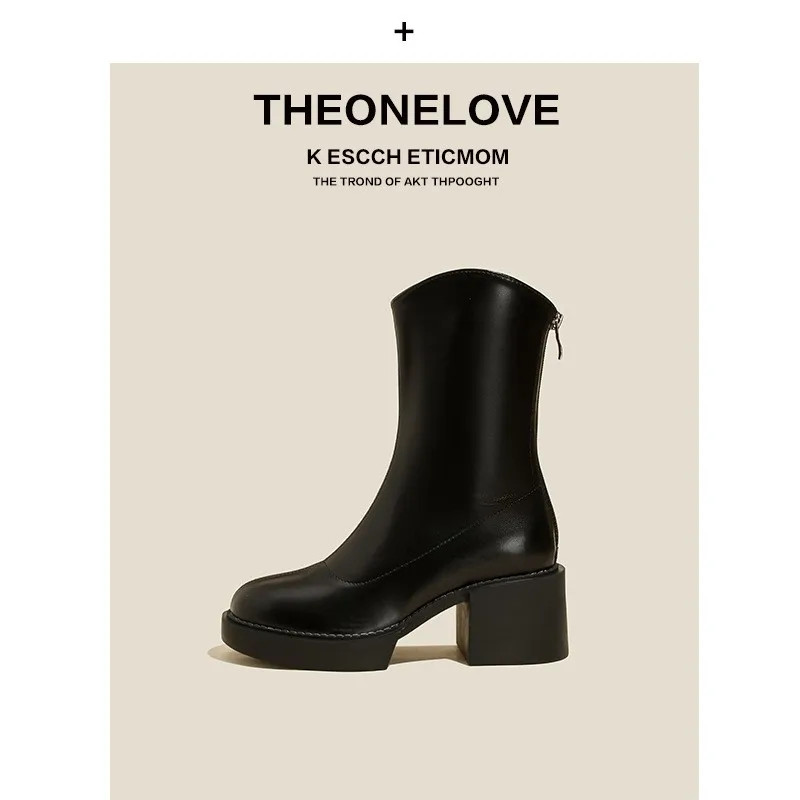 

Женские ботильоны на массивном каблуке с V-образным вырезом, новинка осени 2024, тонкие универсальные узкие ботинки средней длины, ботинки на молнии сзади