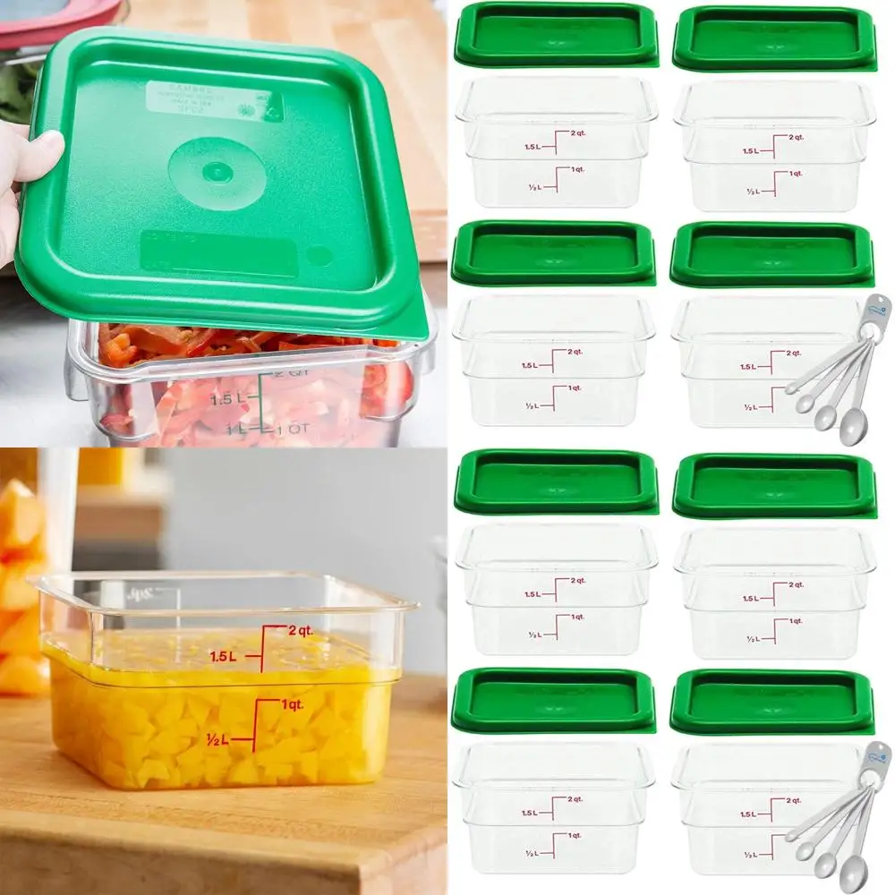 

Квадратные контейнеры для хранения продуктов из поликарбоната на 2 литра, упаковка из 4 прозрачных с зелеными крышками, в комплект входит набор мерных ложек