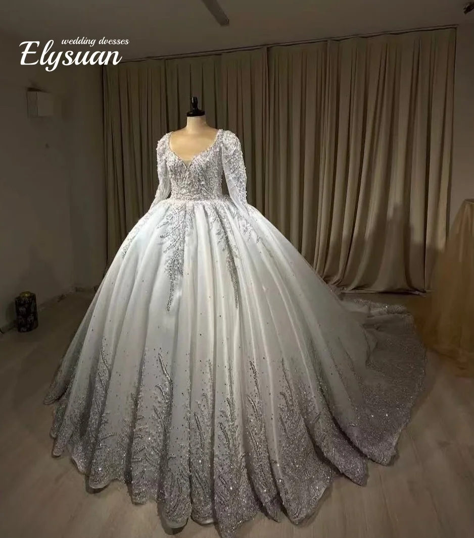 

Customized Customized Luxury Ball Gown Wedding Dress Lace Pearls Beaded Long Sleeves V Neck Bridal Gown Vestido De Novia