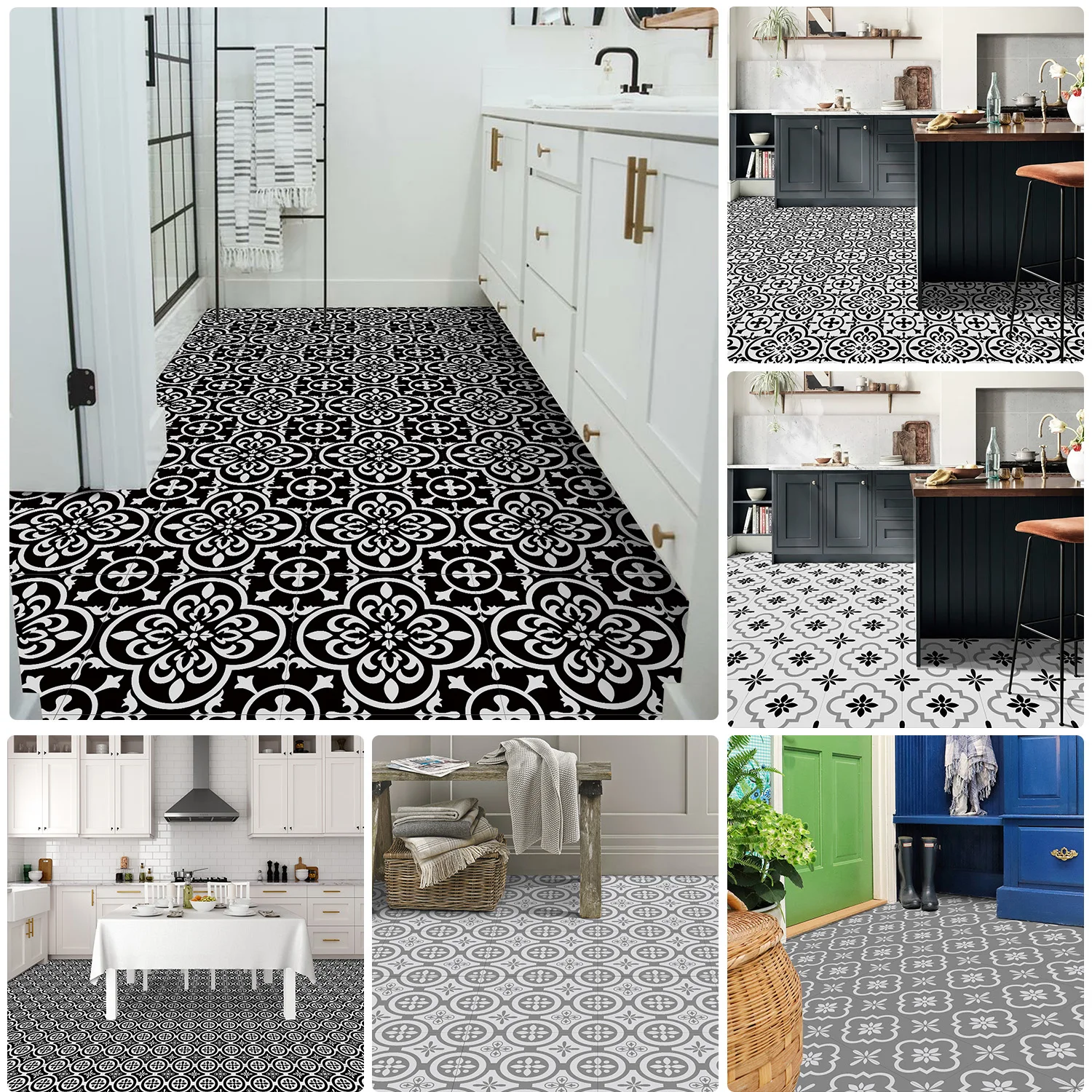 

Thickened Black & White Vintage Floral Floor Stickers (9 Designs) 20/30cm Frosted Waterproof Peel and Stick Tile Decals