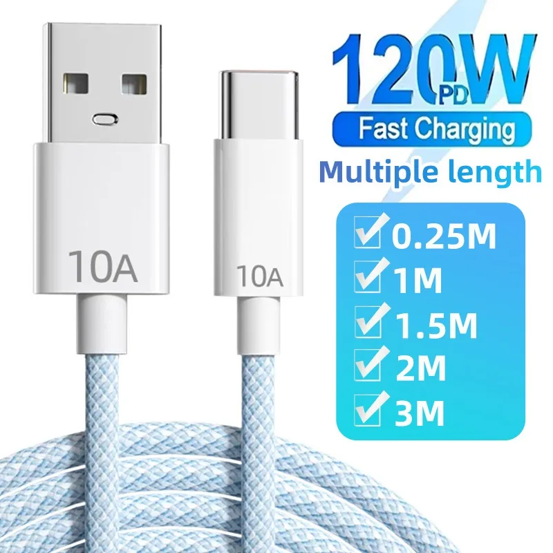 120w Fast Charging USB To TypeC Woven Data Cable Extra Long TypeC USB Fast Data Line 0.25-3M for IPhone Android Camera Universal