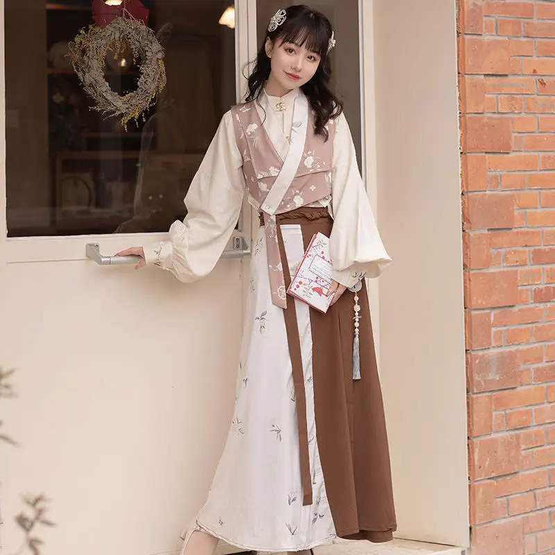 Newly Women Chinese Ancient Traditional Hanfu Ladies Fashion Tang Dynasty Costume Beige Dress Female Sets Coat Soft Shirt