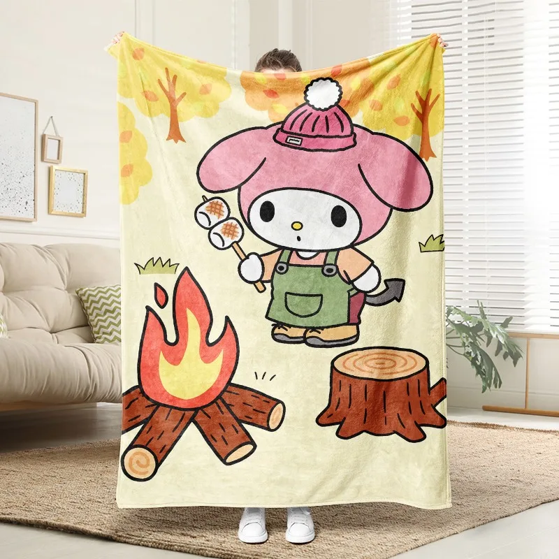 Sanrio Blanket Cozy Flannel Blanket Wall Hanging Featuring My Melody in Autumn Forest, Pink Hat Green Overalls, Toasting